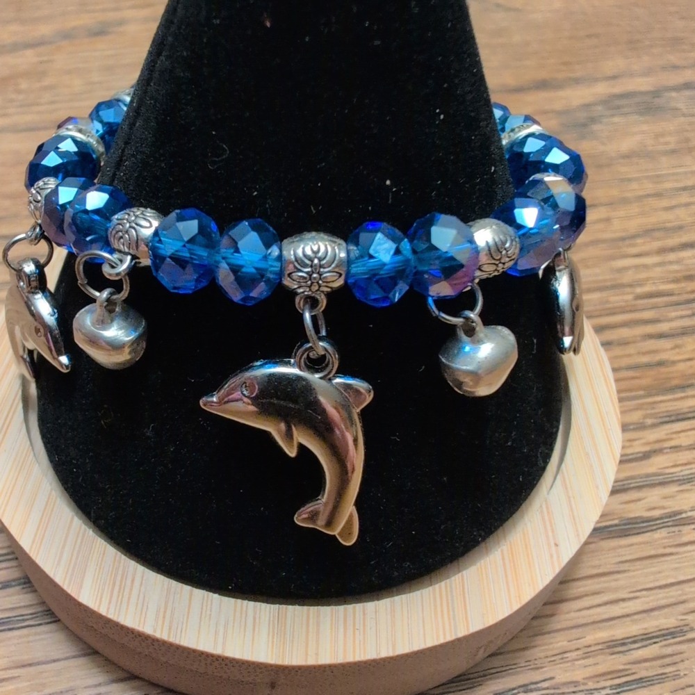 Dolphin Charm Beaded Stretch Bracelet Set Blue Black Silver Tone 2pc - Picture 3 of 3
